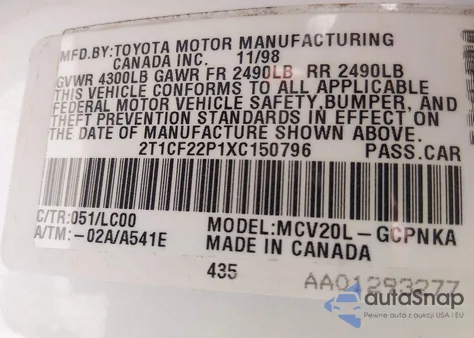 1999 Toyota Camry Solara Sle z USA, uszkodzony, nr VIN 2T1CF22P1XC150796